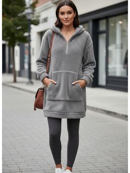 PARTIQ - Womens Double-Sided Fleece Hooded Loose Sweatshirt Dress - Grey