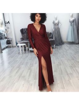 PARTIQ - Womens Evening Sparkling Long Dress - Burgundy