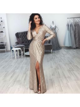 PARTIQ - Womens Evening Sparkling Long Dress - Gold