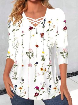 PARTIQ - Womens Flower Print Full Sleeve Top - White