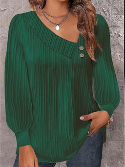 PARTIQ - Womens Button Versatile Balloon Sleeve Pleated Shirt Top - Green
