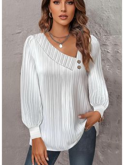 PARTIQ - Womens Button Versatile Balloon Sleeve Pleated Shirt Top - White