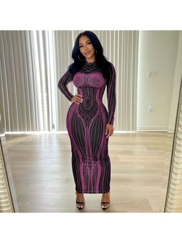 PARTIQ - Womens Long-Sleeved Crew Neck Fashion Print Slim Hip Bottom Dress - Purple