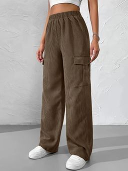 PARTIQ - Womens Loose Elastic Waist Corduroy Cargo Pant - Brown