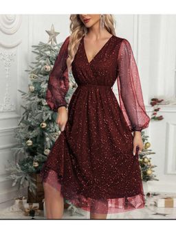 PARTIQ - Womens Elegant Spliced Mesh See-Through Dress - Burgundy