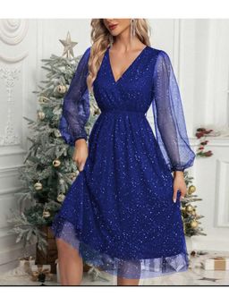 PARTIQ - Womens Elegant Spliced Mesh See-Through Dress - Blue