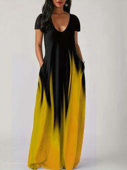 PARTIQ - Womens Summer Loose Half Sleeves Long Dress - Yellow