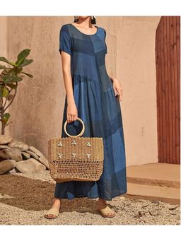 PARTIQ - Womens Retro Waist Pocket Plaid Spliced Loose Dress - Blue