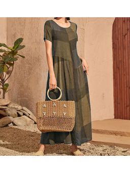 PARTIQ - Womens Retro Waist Pocket Plaid Spliced Loose Dress - Brown