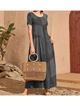 PARTIQ - Womens Retro Waist Pocket Plaid Spliced Loose Dress - Grey