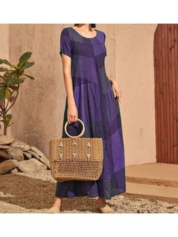 PARTIQ - Womens Retro Waist Pocket Plaid Spliced Loose Dress - Purple