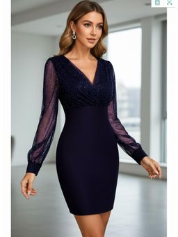 PARTIQ - Womens Mesh Stitching Sexy Vintage Elegant V-Neck Party Club Dress - Purple