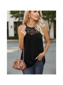 PARTIQ - Womens Lace Pleated Sleeveless Cross-Border Top - Black