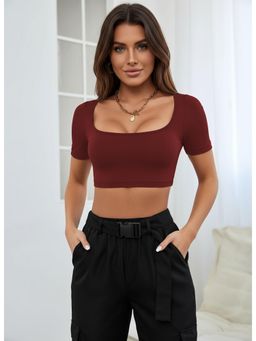 PARTIQ - Womens Truncated Knitted High Stretch Half Sleeve Crop Top - Burgundy
