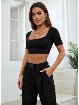 PARTIQ - Womens Truncated Knitted High Stretch Half Sleeve Crop Top - Black