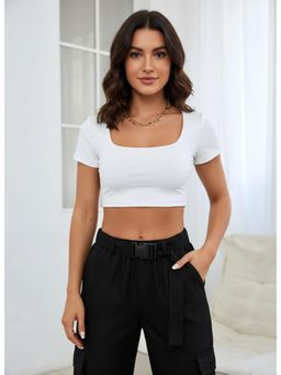 PARTIQ - Womens Truncated Knitted High Stretch Half Sleeve Crop Top - White