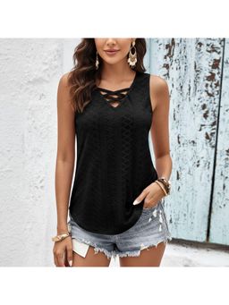 PARTIQ - Womens Knitted Vest Jacquard Cross-Strap Top - Black
