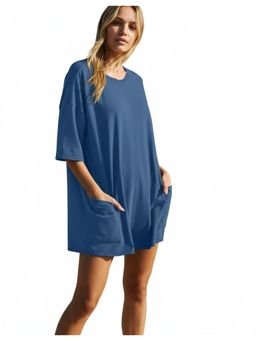 PARTIQ - Womens Open Back V-Neck Loose Pocket Romper - Blue