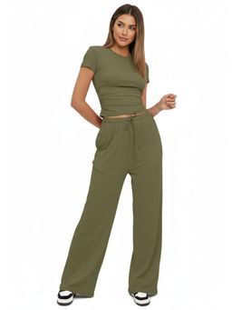 PARTIQ - Womens Short Sleeve Top With High Waist Wide-Leg Pant - Green