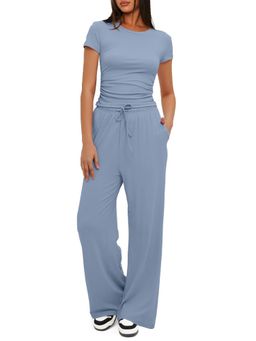 PARTIQ - Womens Short Sleeve Top With High Waist Wide-Leg Pant - Blue