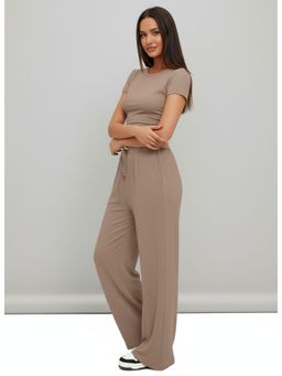 PARTIQ - Womens Short Sleeve Top With High Waist Wide-Leg Pant - Khaki