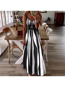 PARTIQ - Womens Casual Slip Stripe Shoulder Strap Long Dress - Black