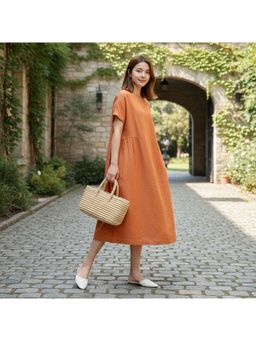 PARTIQ - Womens Cotton And Linen Loose Dress - Orange