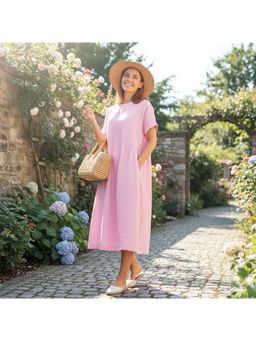 PARTIQ - Womens Cotton And Linen Loose Dress - Pink