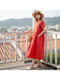 PARTIQ - Womens Cotton And Linen Loose Dress - Red