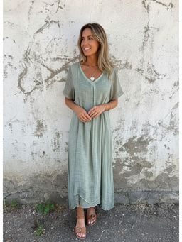 PARTIQ - Womens Summer Cotton And Linen Loose Half Sleeve Dress - Green
