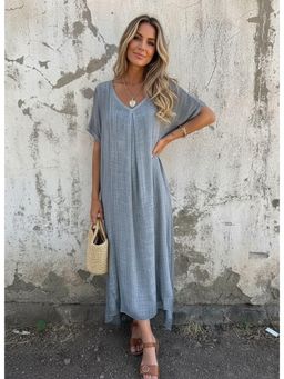 PARTIQ - Womens Summer Cotton And Linen Loose Half Sleeve Dress - Grey