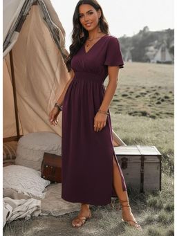 PARTIQ - Womens V-Neck Flared Sleeves Elasticated Waist Slit Dress - Burgundy