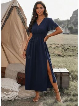 PARTIQ - Womens V-Neck Flared Sleeves Elasticated Waist Slit Dress - Blue