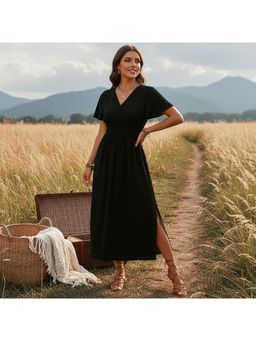 PARTIQ - Womens V-Neck Flared Sleeves Elasticated Waist Slit Dress - Black