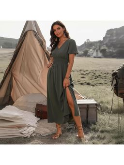 PARTIQ - Womens V-Neck Flared Sleeves Elasticated Waist Slit Dress - Green