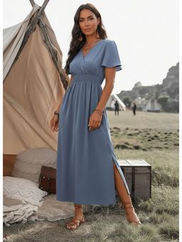 PARTIQ - Womens V-Neck Flared Sleeves Elasticated Waist Slit Dress - Grey