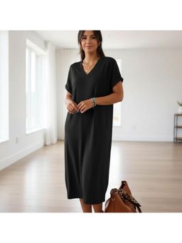 PARTIQ - Womens Cotton And Linen V-Neck Short Sleeve Slit Loose - Black