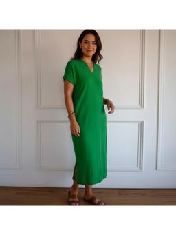 PARTIQ - Womens Cotton And Linen V-Neck Short Sleeve Slit Loose - Green