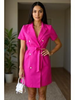 PARTIQ - Womens V-Neck Slim Slimming Short-Sleeved Double-Breasted Suit Dress - Red