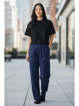 PARTIQ - Womens Solid Pockets Slacks Elasticated Pant - Blue