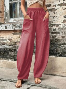 PARTIQ - Womens Solid Pockets Slacks Elasticated Pant - Rouge Pink