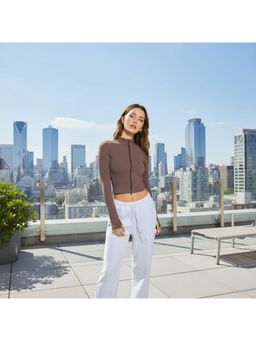 PARTIQ - Womens Stand-Up Collar Zipper Full-Sleeve Jacket - Brown