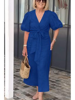 PARTIQ - Womens Puff Sleeve Cotton Dress - Blue