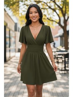 PARTIQ - Womens Summers Deep V-Neck Ruffled Sleeve Solid Tuck Dress - Green