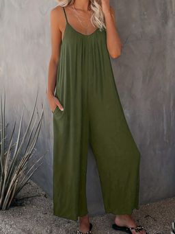 PARTIQ - Womens Solid Suspender Sleeveless Jumpsuit - Green