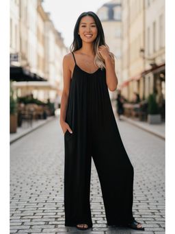 PARTIQ - Womens Solid Suspender Sleeveless Jumpsuit - Black