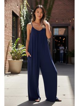 PARTIQ - Womens Solid Suspender Sleeveless Jumpsuit - Blue