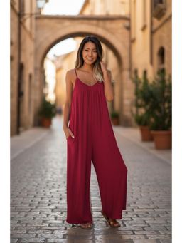 PARTIQ - Womens Solid Suspender Sleeveless Jumpsuit - Red