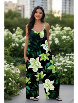 PARTIQ - Womens Casual Pocket Wide Leg Floral Printed Jumpsuit - Green