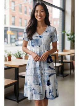 PARTIQ - Womens V-Neck Print Short Sleeve Dress - White